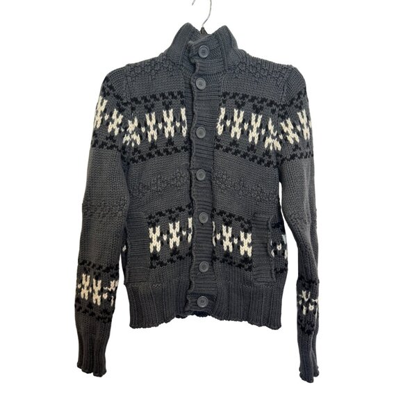 Abercrombie & Fitch Hand Knit Wool Sweater Large Gray Button-Up Nordic Pattern - Picture 1 of 5